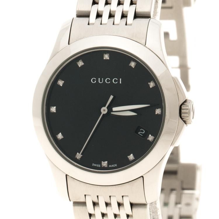 Pre Owned Gucci Black Mother of Pearl Stainless Steel G Timeless Women's Wristwatch 27 mm