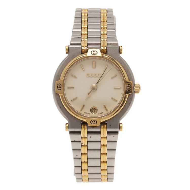 Pre Owned Gucci Cream Gold-Plated Stainless Steel 9000L Women's Wristwatch 25MM