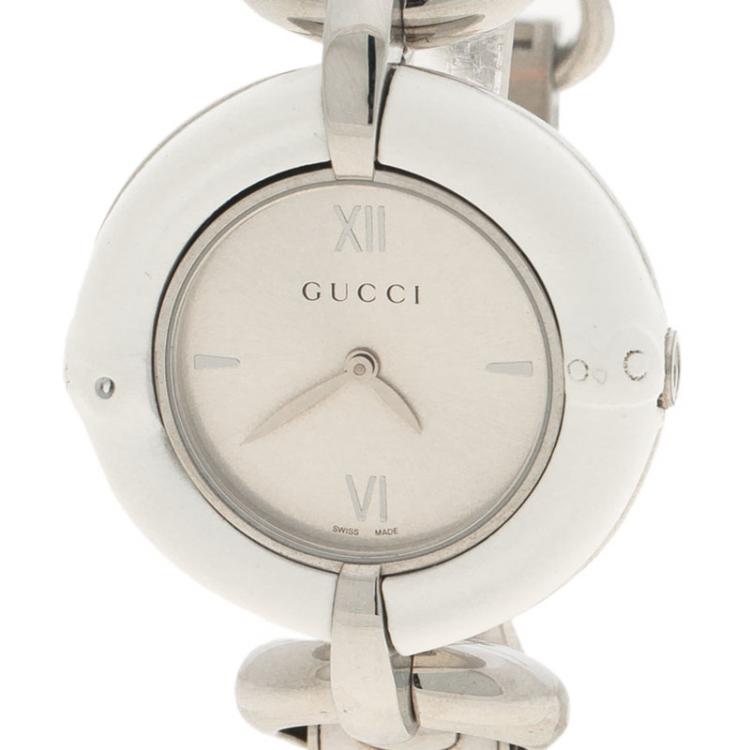 Pre Owned Gucci Silver White Bamboo Stainless Steel 132.4 Women's Wristwatch 36MM