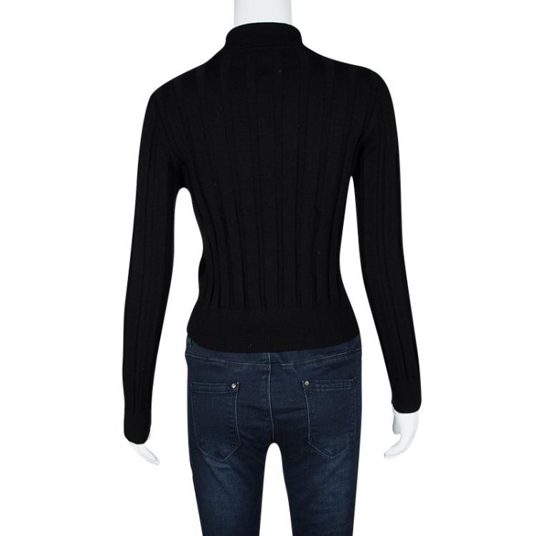 Pre Owned Guy Laroche Black Rib Knit Button Front Collared Wool Cardigan S