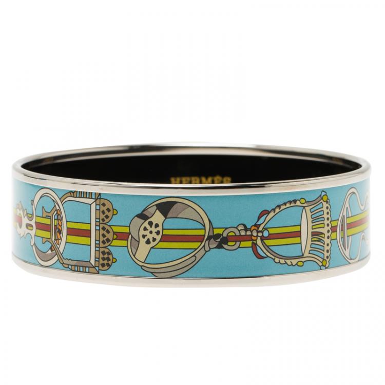 Pre Owned Hermès Wide Horsebit Printed Light Blue Enamel Palladium Plated Bracelet