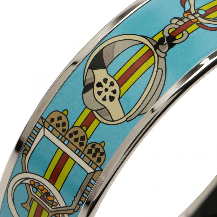 Pre Owned Hermès Wide Horsebit Printed Light Blue Enamel Palladium Plated Bracelet