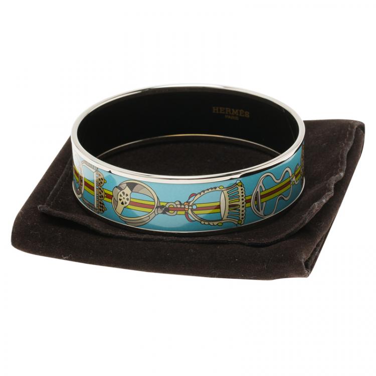 Pre Owned Hermès Wide Horsebit Printed Light Blue Enamel Palladium Plated Bracelet