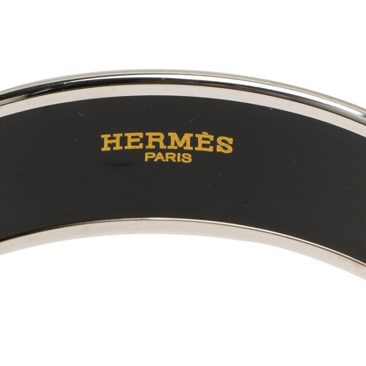 Pre Owned Hermès Wide Printed Black Enamel Palladium Plated Bracelet