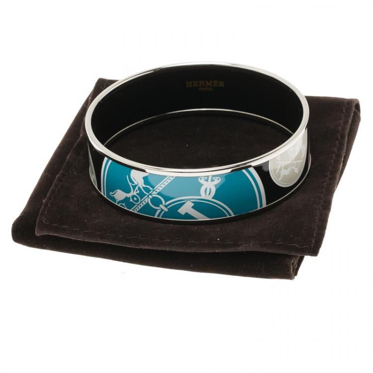 Pre Owned Hermès Wide Printed Black Enamel Palladium Plated Bracelet
