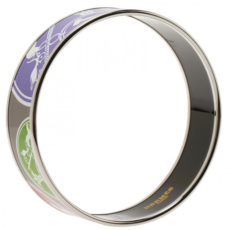 Pre Owned Hermès Wide Printed Multicolor Enamel Palladium Plated Bracelet