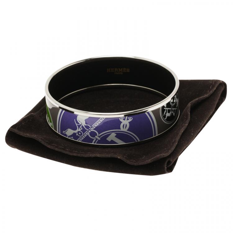 Pre Owned Hermès Wide Printed Multicolor Enamel Palladium Plated Bracelet