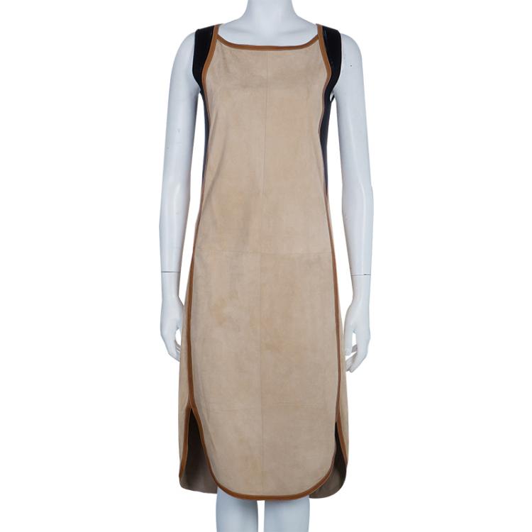 Pre Owned Hermes Beige Suede Leather Piping Detail Sleeveless Dress S