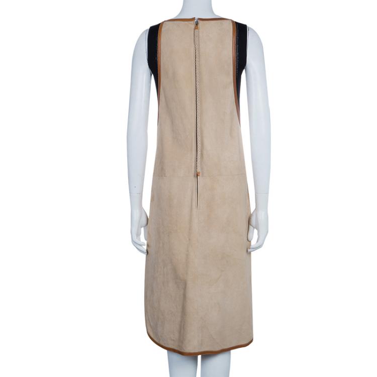 Pre Owned Hermes Beige Suede Leather Piping Detail Sleeveless Dress S
