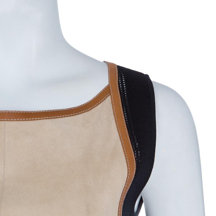 Pre Owned Hermes Beige Suede Leather Piping Detail Sleeveless Dress S