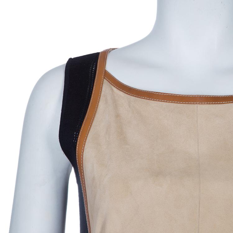 Pre Owned Hermes Beige Suede Leather Piping Detail Sleeveless Dress S