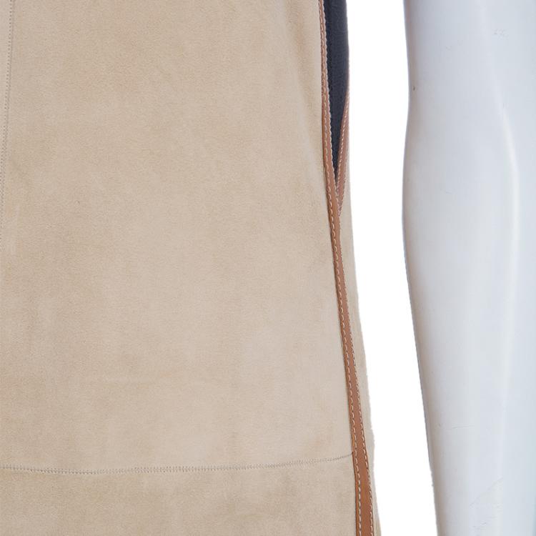 Pre Owned Hermes Beige Suede Leather Piping Detail Sleeveless Dress S