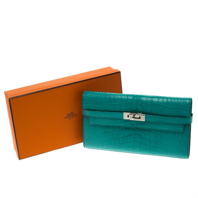 Pre Owned Hermes Blue Paon Alligator Long Kelly Wallet 