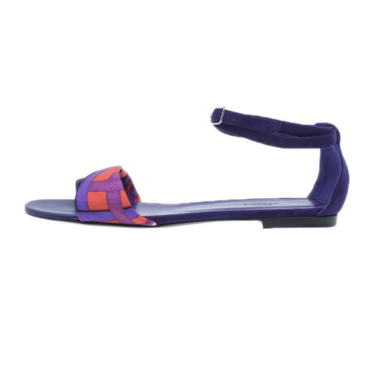 Pre Owned Hermes Purple Suede and Printed Silk Flat Sandals Size 39