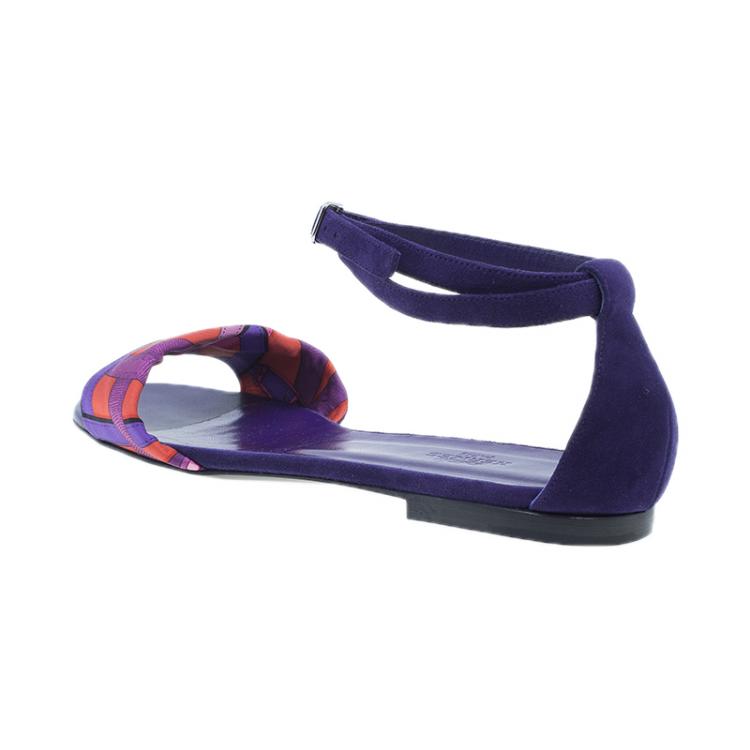 Pre Owned Hermes Purple Suede and Printed Silk Flat Sandals Size 39