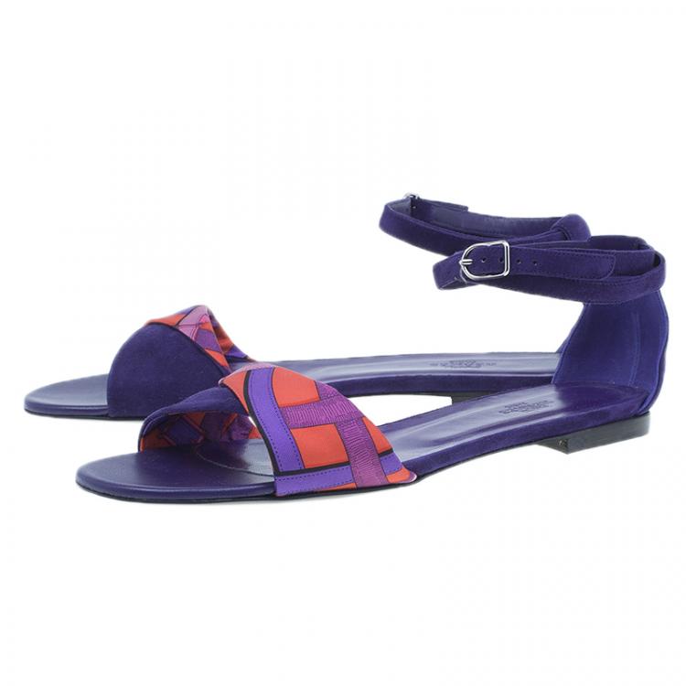 Pre Owned Hermes Purple Suede and Printed Silk Flat Sandals Size 39
