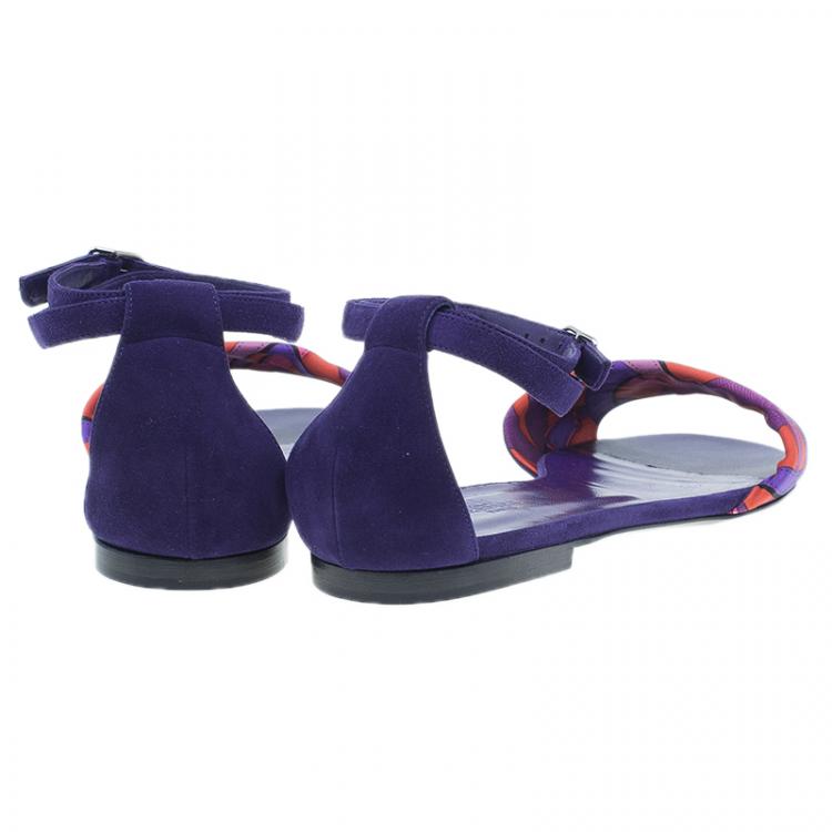 Pre Owned Hermes Purple Suede and Printed Silk Flat Sandals Size 39