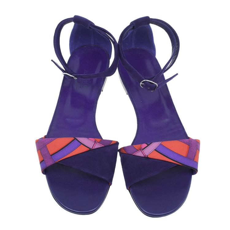 Pre Owned Hermes Purple Suede and Printed Silk Flat Sandals Size 39
