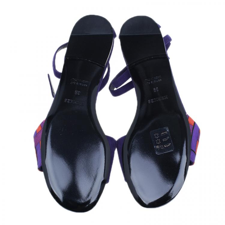 Pre Owned Hermes Purple Suede and Printed Silk Flat Sandals Size 39