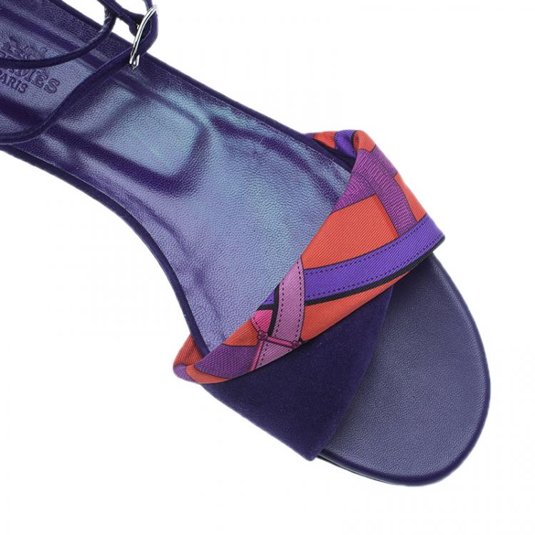 Pre Owned Hermes Purple Suede and Printed Silk Flat Sandals Size 39