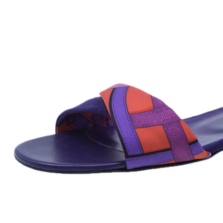 Pre Owned Hermes Purple Suede and Printed Silk Flat Sandals Size 39