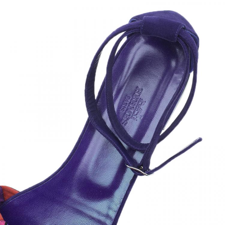 Pre Owned Hermes Purple Suede and Printed Silk Flat Sandals Size 39