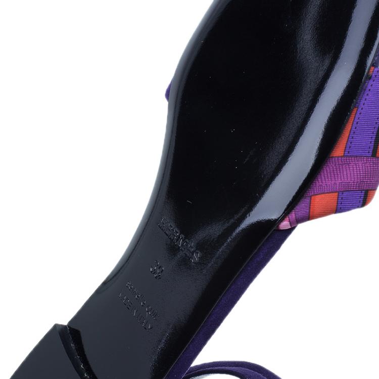 Pre Owned Hermes Purple Suede and Printed Silk Flat Sandals Size 39