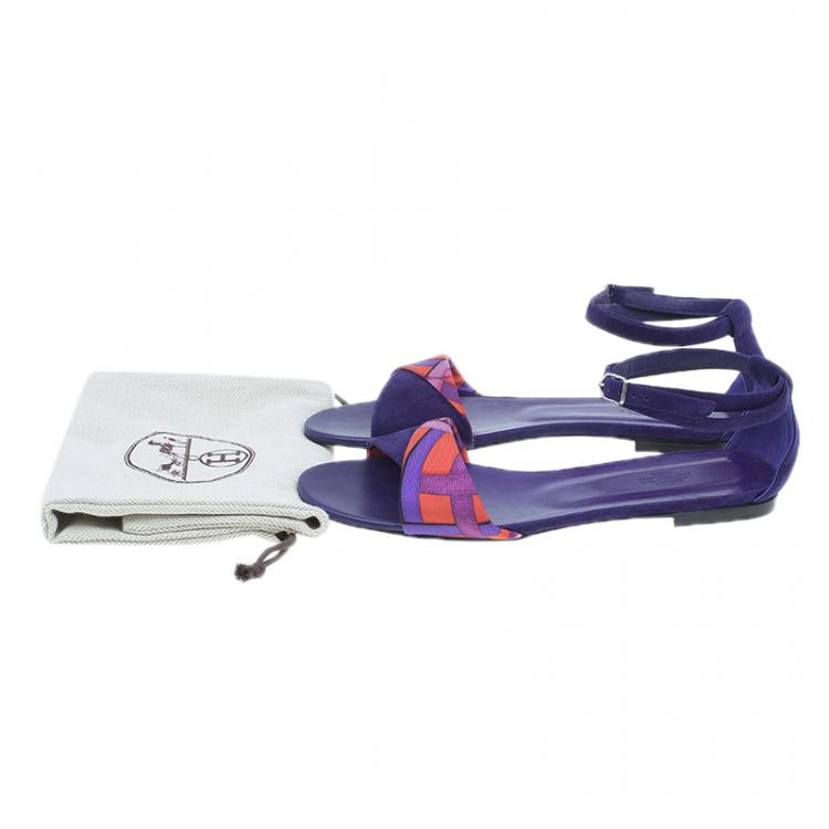 Pre Owned Hermes Purple Suede and Printed Silk Flat Sandals Size 39
