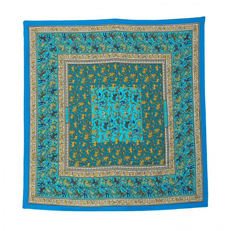 Pre Owned Hermes Blue Chasse En Inde Silk Square Scarf 