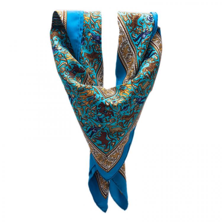 Pre Owned Hermes Blue Chasse En Inde Silk Square Scarf 