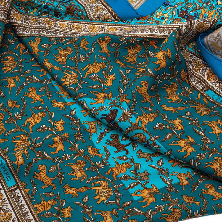 Pre Owned Hermes Blue Chasse En Inde Silk Square Scarf 