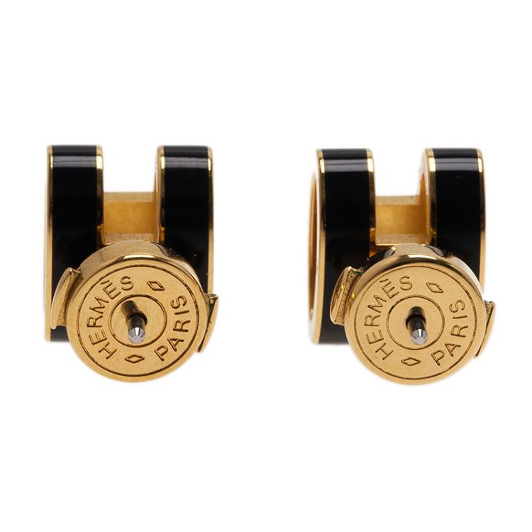 Pre Owned Hermes Pop H Black Lacquered Gold Tone Stud Earrings