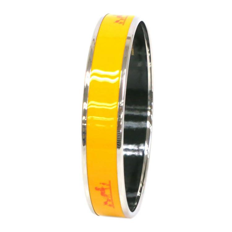 Pre Owned Hermes Caleche Wide Yellow Enamel Palladium Plated Bracelet 