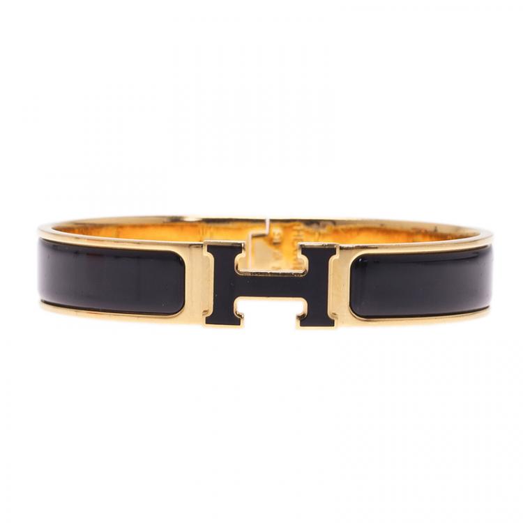 Pre Owned Hermes Clic Clac H Black Enamel Gold - Plated Bracelet 