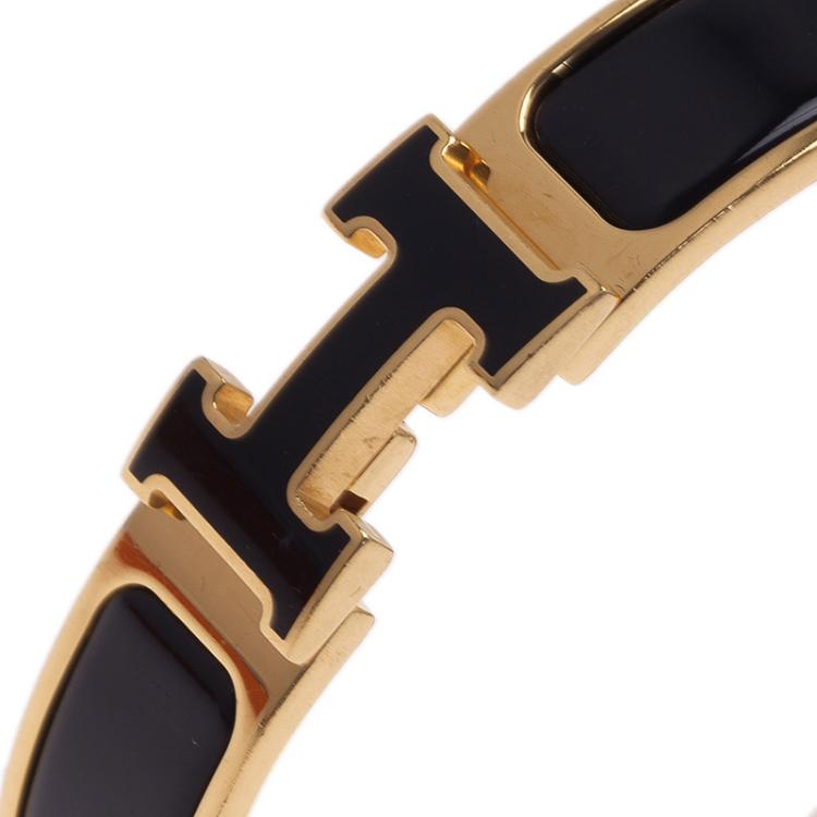 Pre Owned Hermes Clic Clac H Black Enamel Gold - Plated Bracelet 