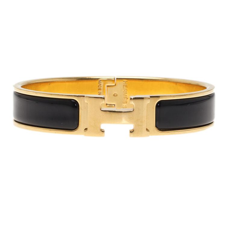 Pre Owned Hermes Clic Clac H Black Enamel Gold-Plated Bracelet PM