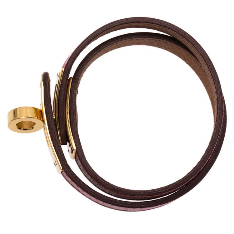 Pre Owned Hermès Red Kelly Double Tour Leather Gold Plated Bracelet