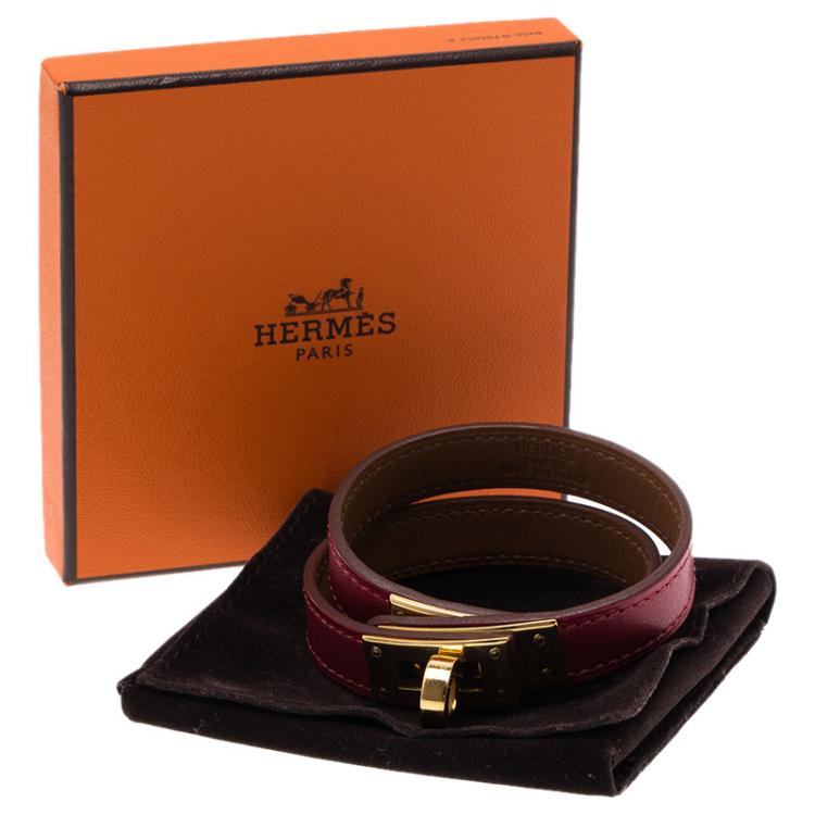 Pre Owned Hermès Red Kelly Double Tour Leather Gold Plated Bracelet