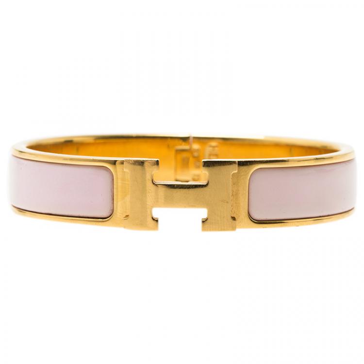 Pre Owned Hermes Clic Clac H Pink Enamel Gold Plated Bracelet