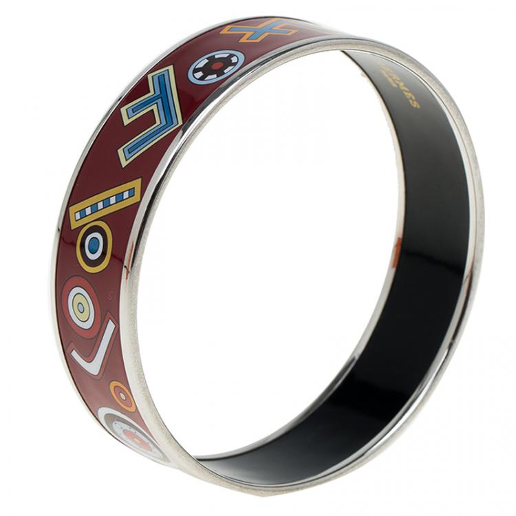 Pre Owned Hermes Wide Multicolor Printed Enamel Bangle Bracelet