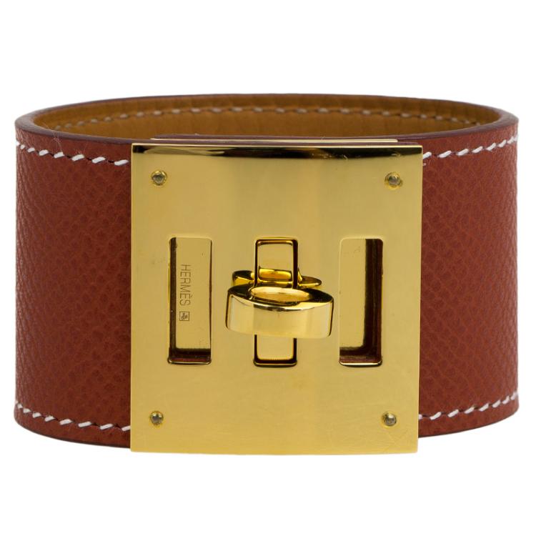 Pre Owned Hermes Extreme Brown Leather Gold Plated Bracelet