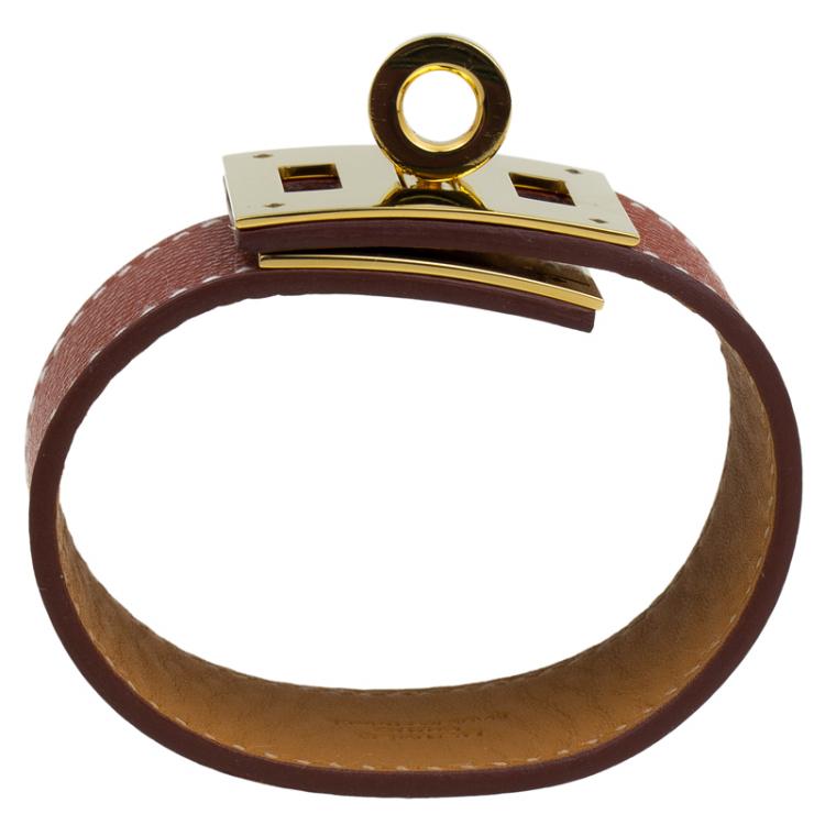 Pre Owned Hermes Extreme Brown Leather Gold Plated Bracelet