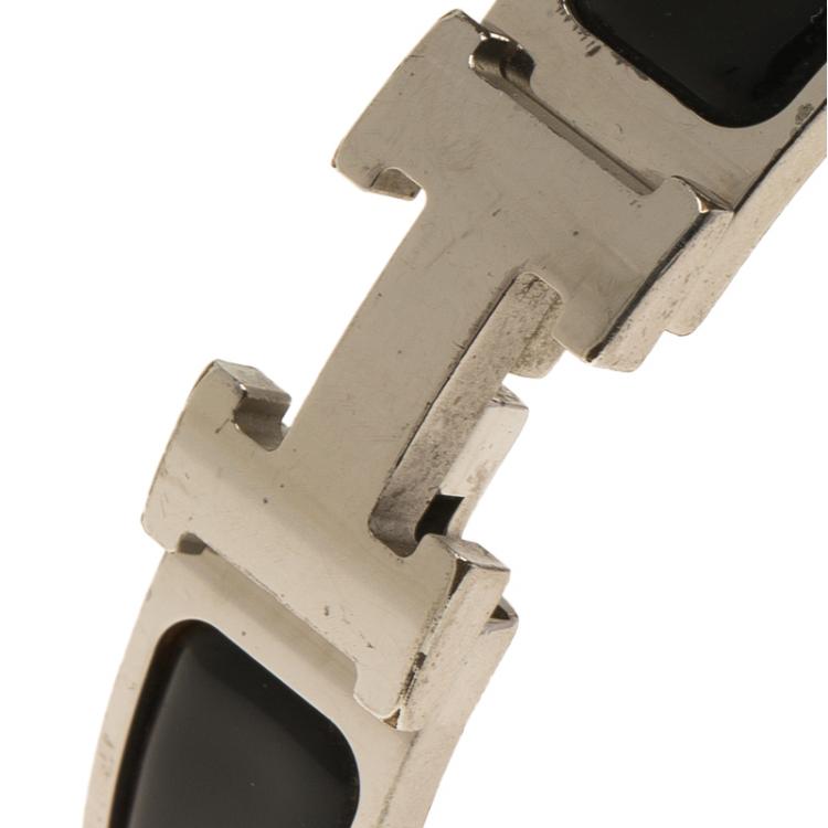 Pre Owned Hermes Clic Clac H Black Enamel Palladium Plated Bracelet