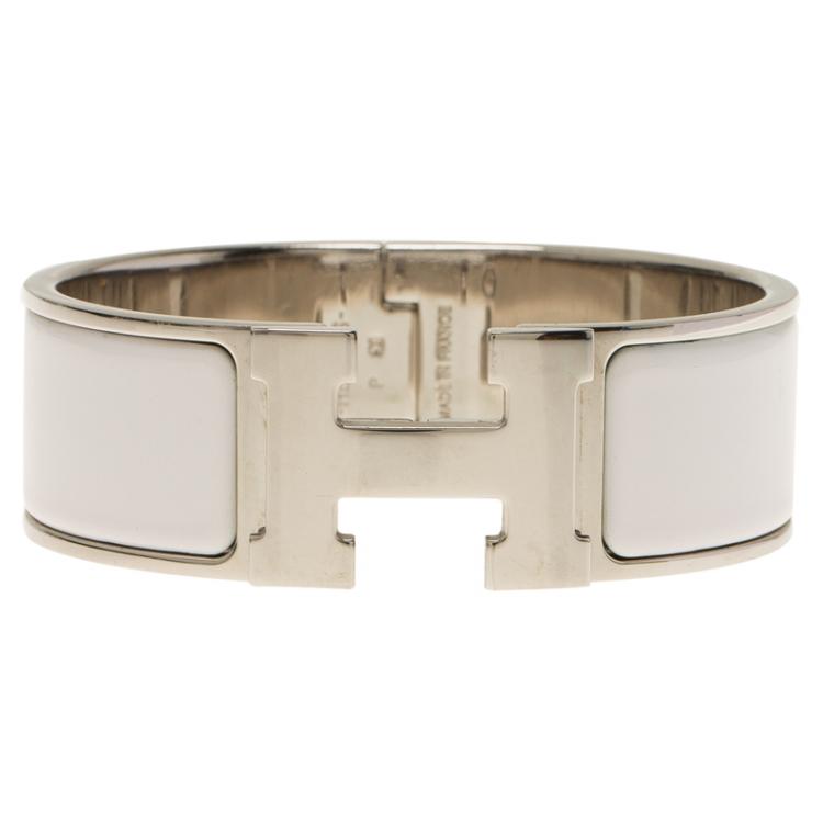Pre Owned Hermes Clic Clac H Wide White Enamel Palladium Plated Bracelet