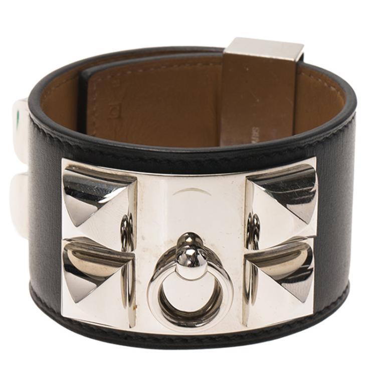 Pre Owned Hermès Collier de Chien Black Calfskin Leather Palladium Plated Cuff Bracelet