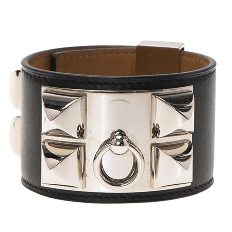 Pre Owned Hermès Collier de Chien Black Calfskin Leather Palladium Plated Cuff Bracelet