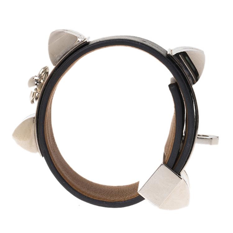 Pre Owned Hermès Collier de Chien Black Calfskin Leather Palladium Plated Cuff Bracelet