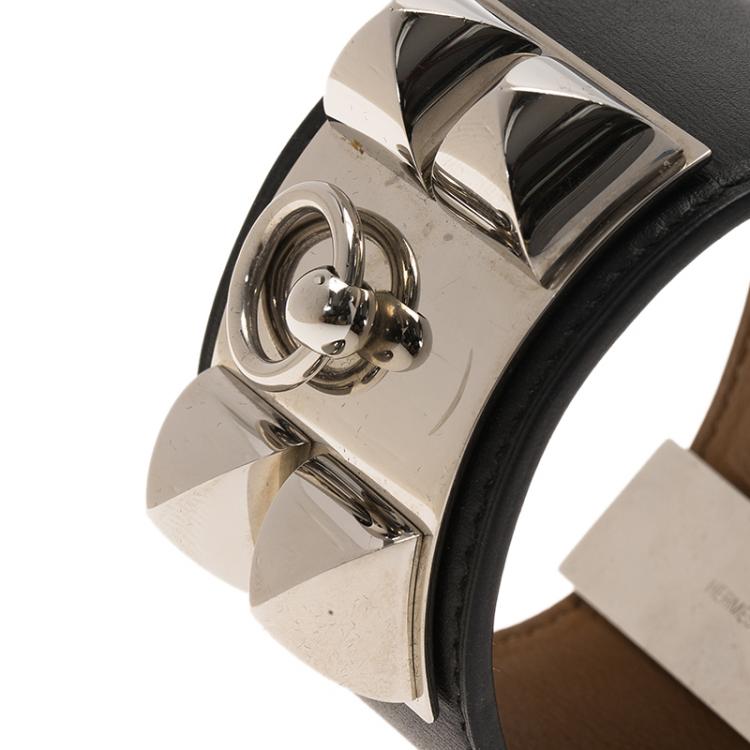 Pre Owned Hermès Collier de Chien Black Calfskin Leather Palladium Plated Cuff Bracelet