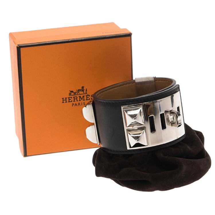 Pre Owned Hermès Collier de Chien Black Calfskin Leather Palladium Plated Cuff Bracelet