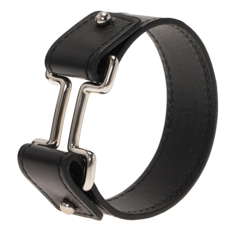 Pre Owned Hermes H Black Leather Palladium Plated Wide Bracelet M